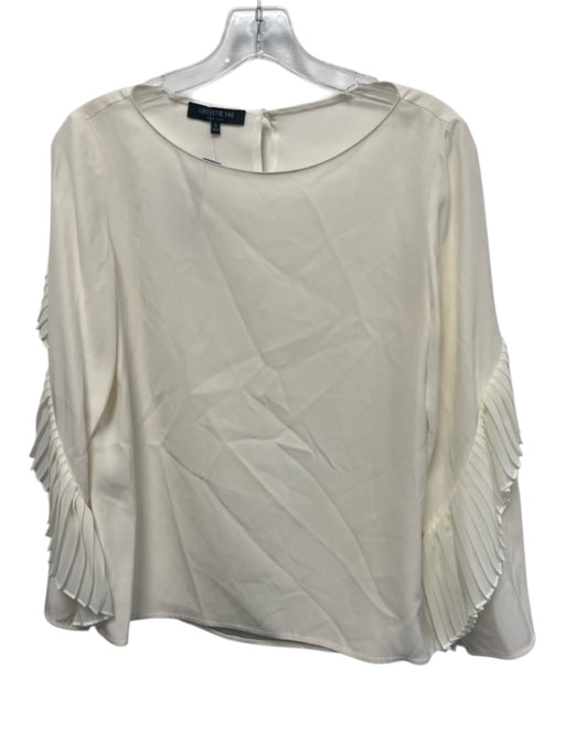 Lafayette 148 Size S Cream White Silk Pleated Trim Keyhole Back Long Sleeve Top Cream White / S