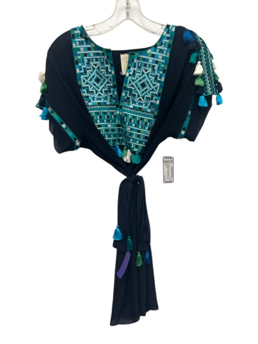 Figue Size S Navy Blue, Green & White Silk Embroidered Geometric Dress Navy Blue, Green & White / S