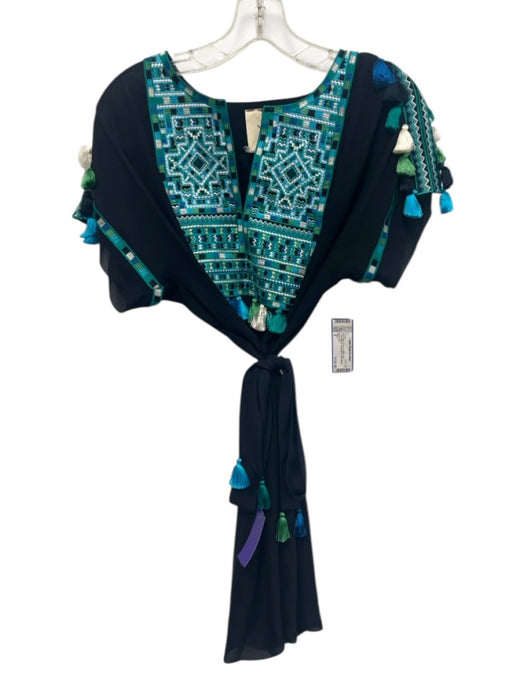 Figue Size S Navy Blue, Green & White Silk Embroidered Geometric Dress Navy Blue, Green & White / S