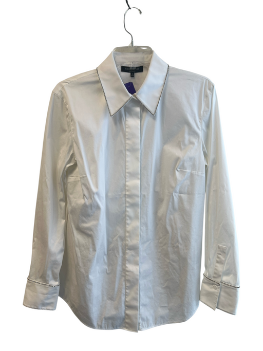 Lafayette 148 Size 8 White Cotton Long Sleeve Bedazzled Collar Button Down Top White / 8