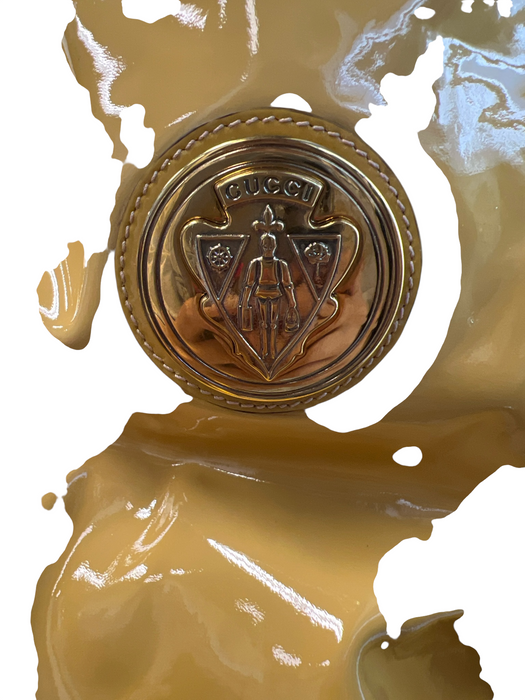 Gucci Yellow Patent Leather Gold-Tone Crest Medallion Tie Detail Top Zip Bag Yellow