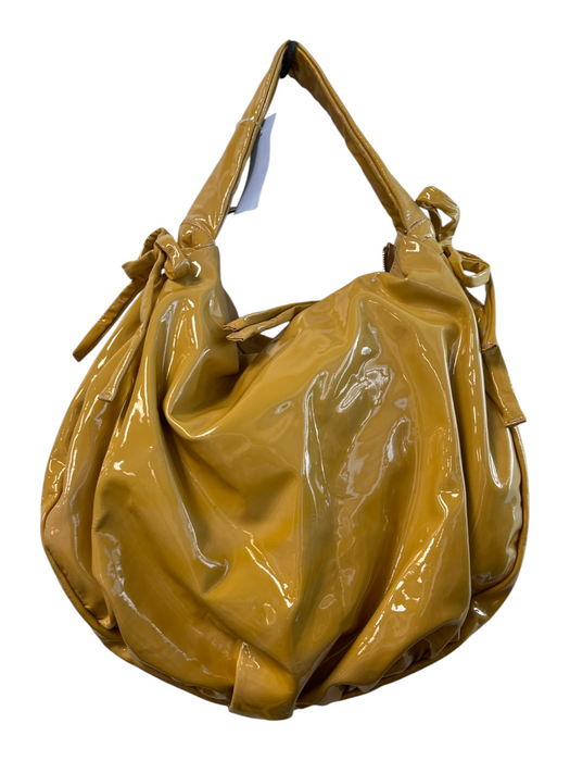 Gucci Yellow Patent Leather Gold-Tone Crest Medallion Tie Detail Top Zip Bag Yellow