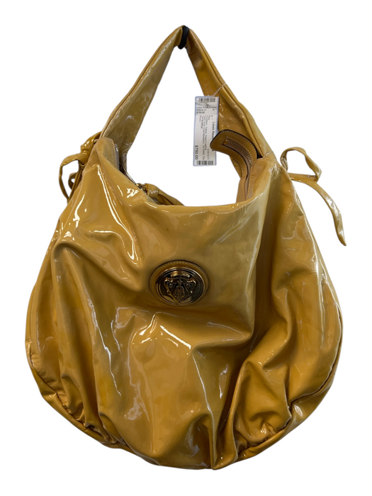 Gucci Yellow Patent Leather Gold-Tone Crest Medallion Tie Detail Top Zip Bag Yellow