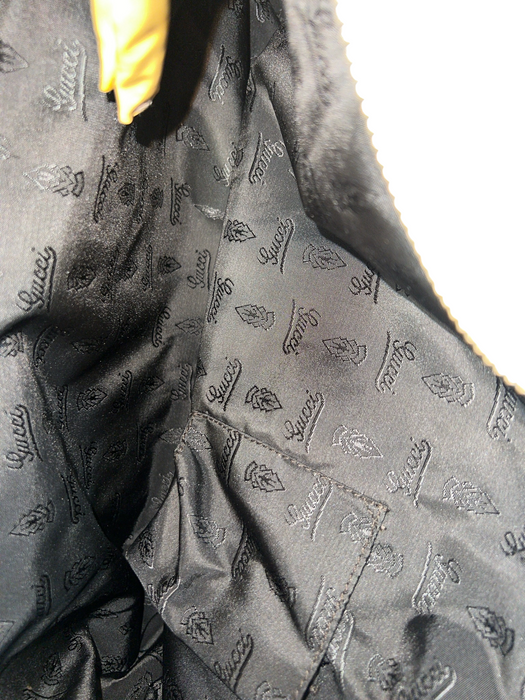 Gucci Yellow Patent Leather Gold-Tone Crest Medallion Tie Detail Top Zip Bag Yellow
