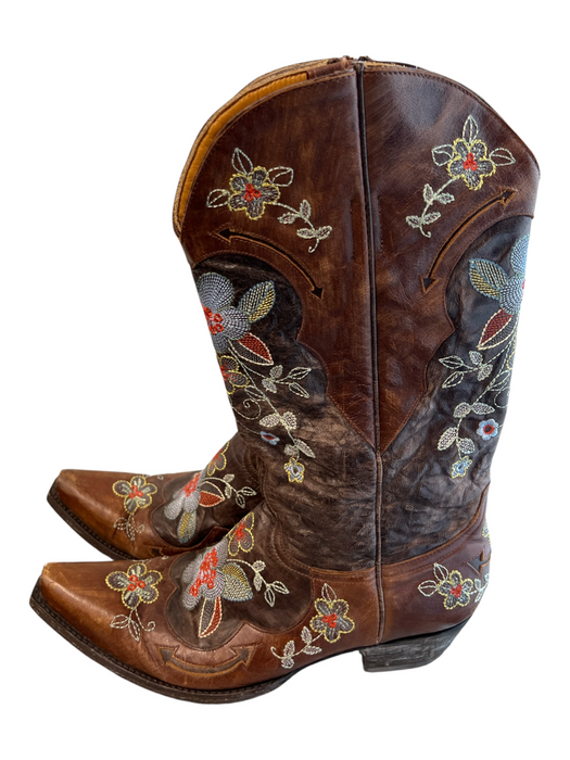 Old Gringo Shoe Size 10 Brown Leather Embroidered Floral Pull On Cowboy Boots Brown / 10