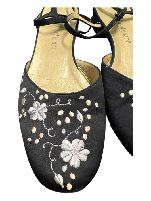 YSL Shoe Size 7.5 Black Canvas Floral Open Heel Adjustable Ankle Shoes Black / 7.5