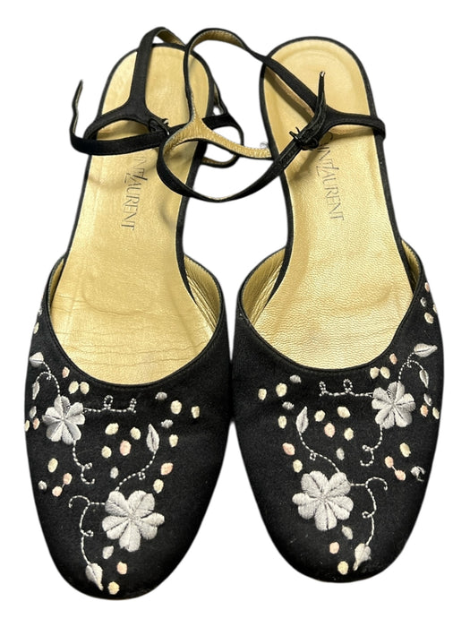 YSL Shoe Size 7.5 Black Canvas Floral Open Heel Adjustable Ankle Shoes Black / 7.5