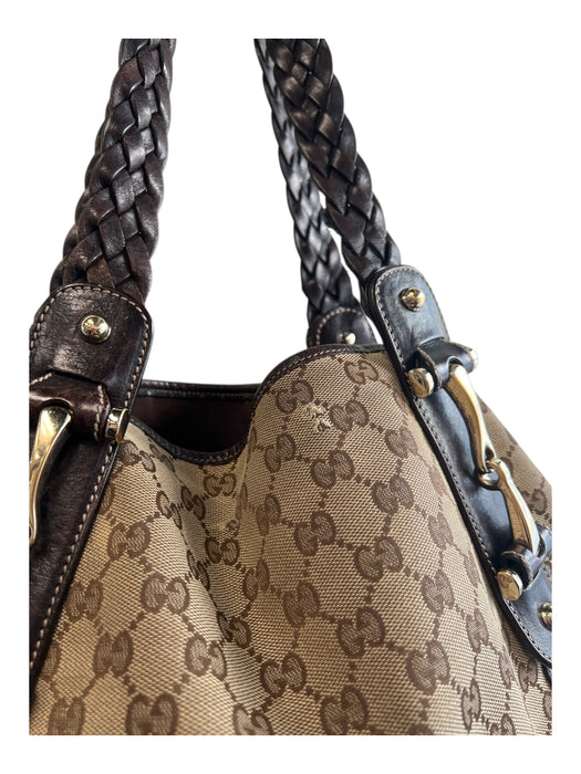 Gucci Tan & brown Canvas & Leather Logo Goldtone Hardware Double Strap Bag Tan & brown / Large