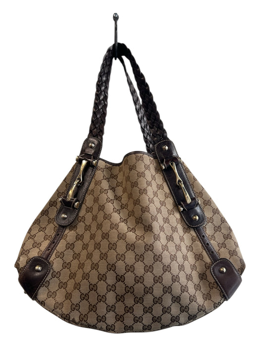 Gucci Tan & brown Canvas & Leather Logo Goldtone Hardware Double Strap Bag Tan & brown / Large
