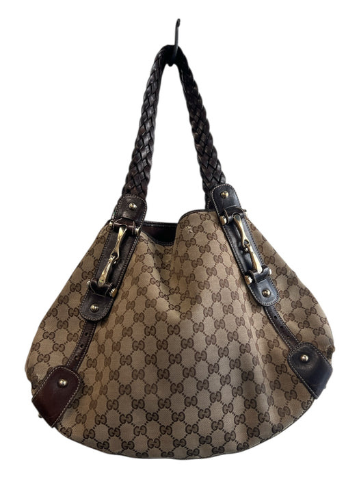 Gucci Tan & brown Canvas & Leather Logo Goldtone Hardware Double Strap Bag Tan & brown / Large