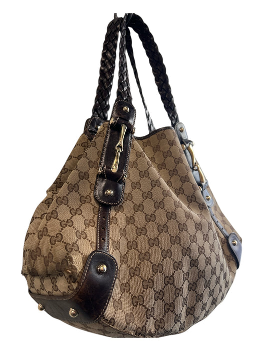 Gucci Tan & brown Canvas & Leather Logo Goldtone Hardware Double Strap Bag Tan & brown / Large