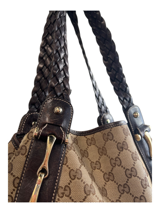Gucci Tan & brown Canvas & Leather Logo Goldtone Hardware Double Strap Bag Tan & brown / Large
