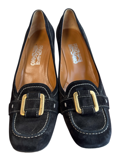 Salvatore Ferragamo Shoe Size 10.5 Black Calf suede Leather Square Toe Shoes Black / 10.5
