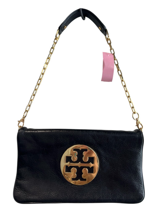 Tory Burch Black & Gold Leather Logo Gold Hardware Shoulder Bag Chain Bag Black & Gold / S/M