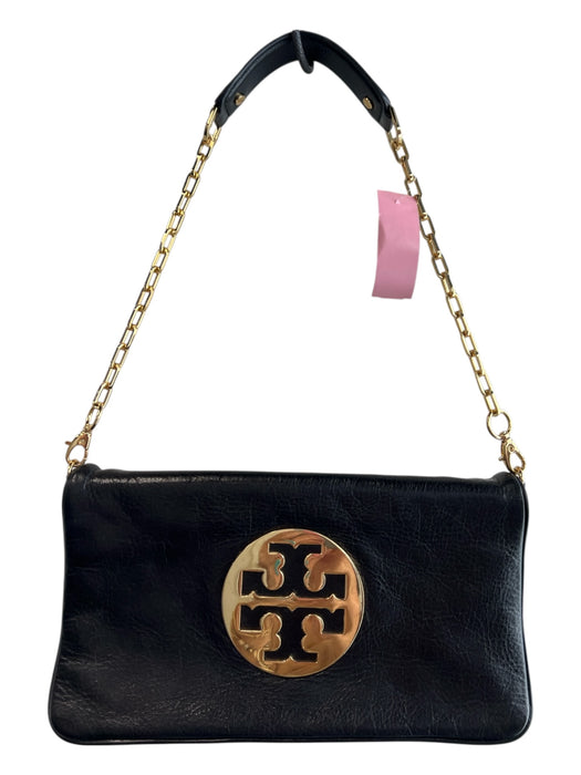 Tory Burch Black & Gold Leather Logo Gold Hardware Shoulder Bag Chain Bag Black & Gold / S/M