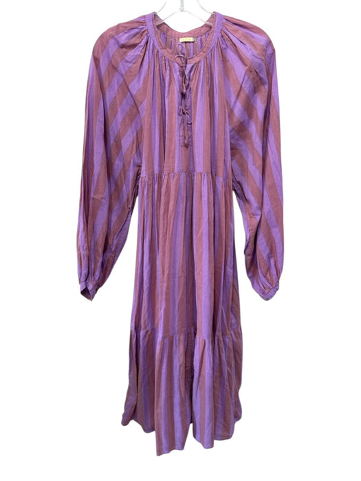 Matta Size XL Purple & Muted Red Cotton Keyhole Front Striped Long Sleeve Dress Purple & Muted Red / XL