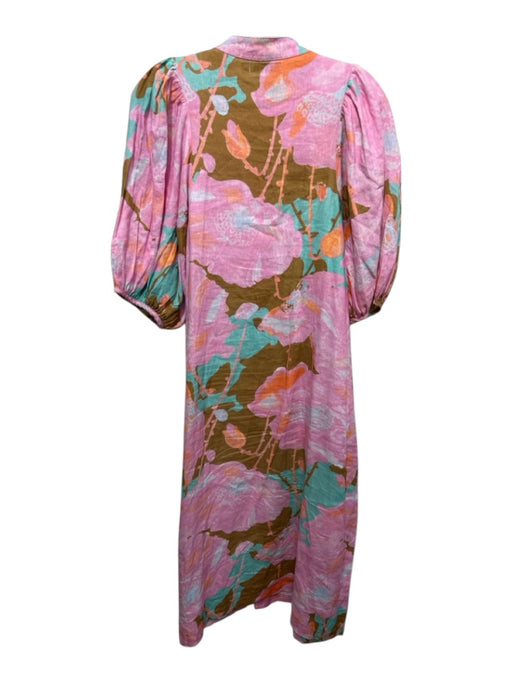 Lanhtropy Size M Pink, Brown & Blue Linen Abstract Floral 1/2 Puff Sleeve Dress Pink, Brown & Blue / M