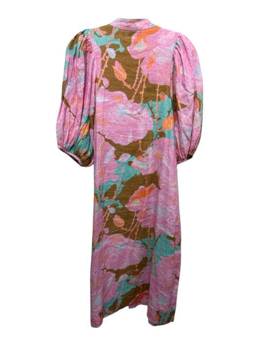 Lanhtropy Size M Pink, Brown & Blue Linen Abstract Floral 1/2 Puff Sleeve Dress Pink, Brown & Blue / M