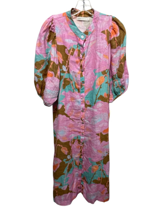 Lanhtropy Size M Pink, Brown & Blue Linen Abstract Floral 1/2 Puff Sleeve Dress Pink, Brown & Blue / M