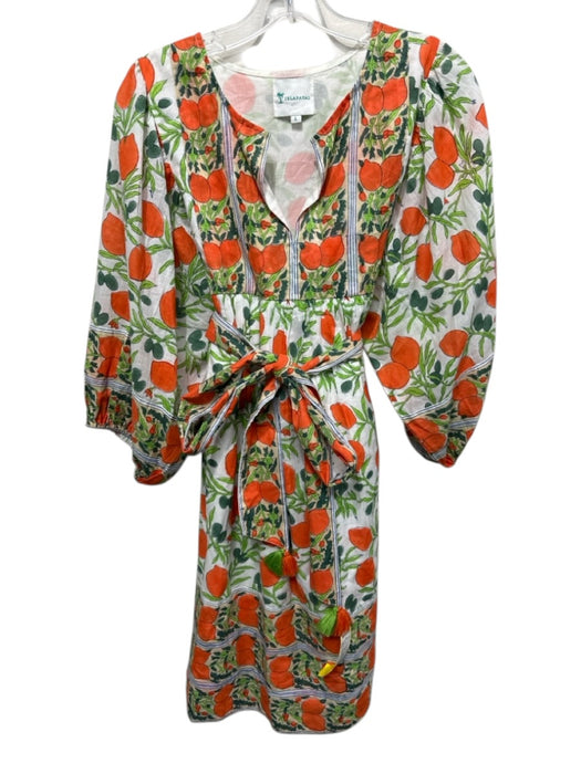 ISLAPAYAL Size L White, Green & Orange Cotton Botanical Print Oranges Dress White, Green & Orange / L