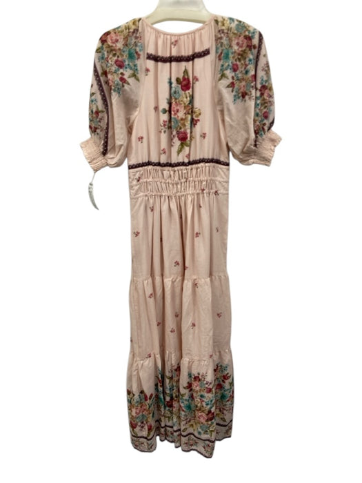 By Anthropologie Size XS Pink & Multi Cotton Floral Maxi Puff Short Sleeve Dress Pink & Multi / XS