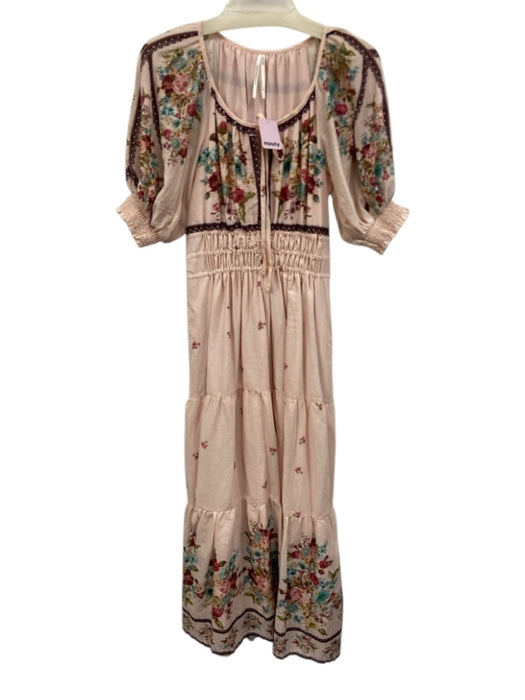 By Anthropologie Size XS Pink & Multi Cotton Floral Maxi Puff Short Sleeve Dress Pink & Multi / XS