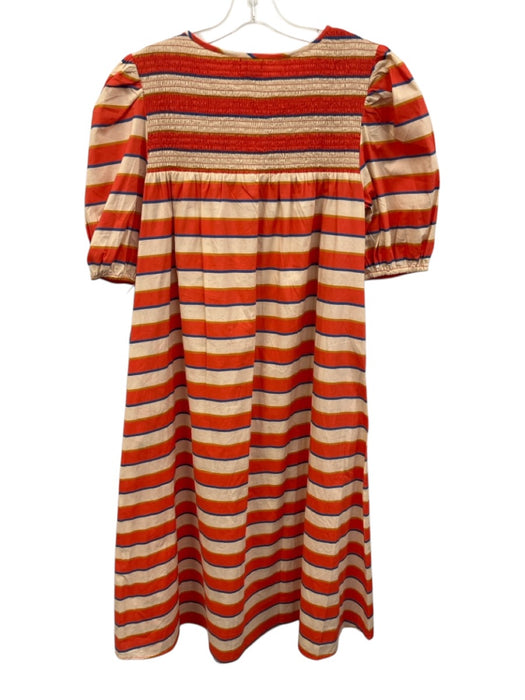 Sunshine Tienda Size M Orange & Multi Cotton Striped Band Puff Sleeve Midi Dress Orange & Multi / M