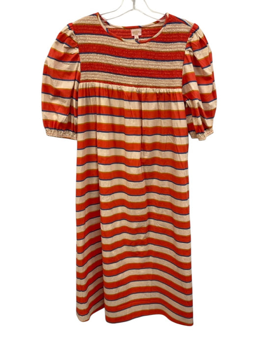 Sunshine Tienda Size M Orange & Multi Cotton Striped Band Puff Sleeve Midi Dress Orange & Multi / M