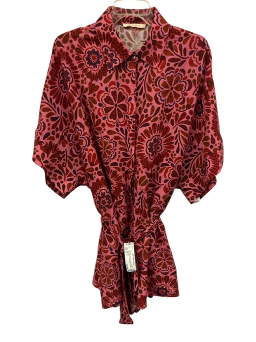 Olivaceous Size M Pink Black Blue & White Rayon Blend Floral Tie belt Romper Pink Black Blue & White / M