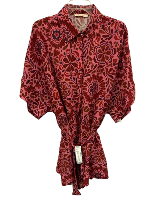 Olivaceous Size M Pink Black Blue & White Rayon Blend Floral Tie belt Romper Pink Black Blue & White / M