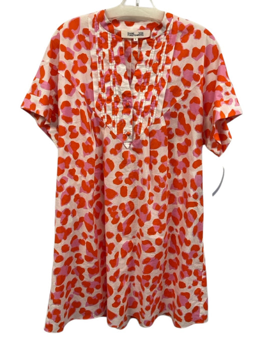 Diane Von Furstenberg Size M White, Orange & Pink Cotton V Neck Pintuck Dress White, Orange & Pink / M