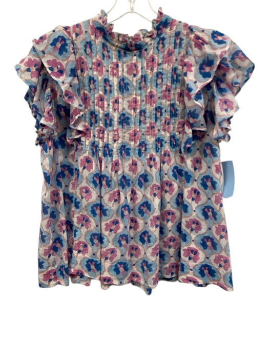 Oliphant Size M White, Blue & Multi Cotton floral print Pintuck Sleeveless Top White, Blue & Multi / M