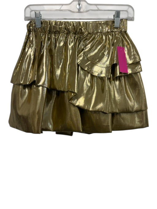 Love Shack Fancy Size XS Metallic Gold Silk Elastic Waist Tiered Mini Skirt Metallic Gold / XS
