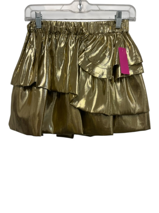 Love Shack Fancy Size XS Metallic Gold Silk Elastic Waist Tiered Mini Skirt Metallic Gold / XS