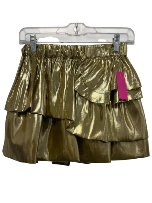 Love Shack Fancy Size XS Metallic Gold Silk Elastic Waist Tiered Mini Skirt Metallic Gold / XS