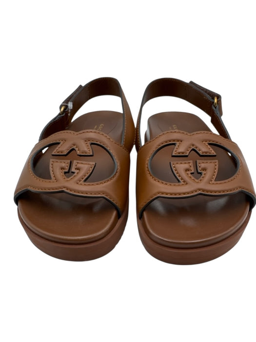 Gucci Shoe Size 38 Brown Leather Upper open toe Interlocking GG Velcro Sandals Brown / 38