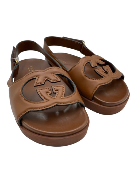 Gucci Shoe Size 38 Brown Leather Upper open toe Interlocking GG Velcro Sandals Brown / 38