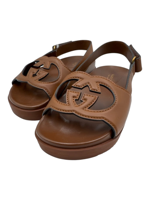 Gucci Shoe Size 38 Brown Leather Upper open toe Interlocking GG Velcro Sandals Brown / 38