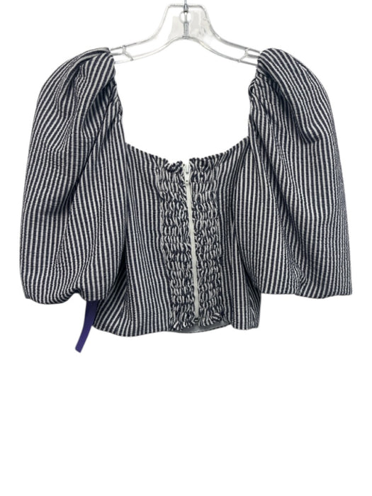 Koch Size S White & Navy Blue Polyester Vertical Stripes Half Puff Sleeve Top White & Navy Blue / S