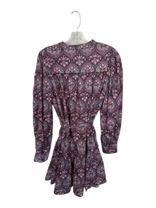 Pinch Size L Purple & Gray Cotton Long Balloon Sleeve Flowers Belted Dress Purple & Gray / L