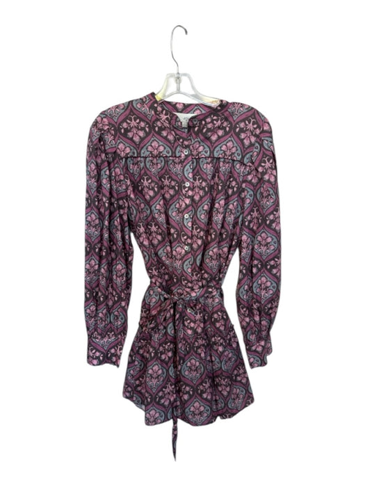 Pinch Size L Purple & Gray Cotton Long Balloon Sleeve Flowers Belted Dress Purple & Gray / L