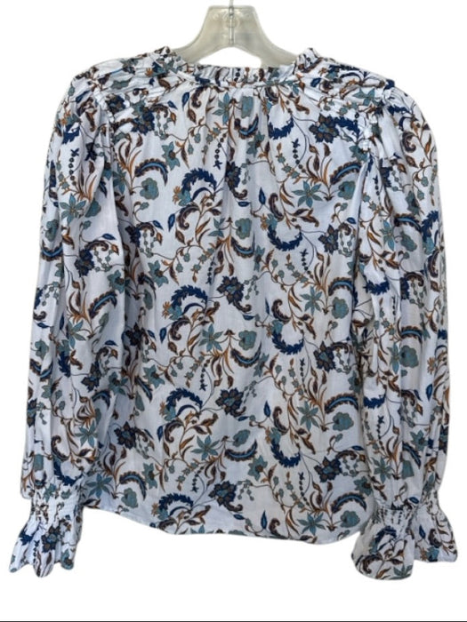 Sugarlips Size M Blue & Orange Cotton Long Balloon Sleeve Botanical V Neck Top Blue & Orange / M