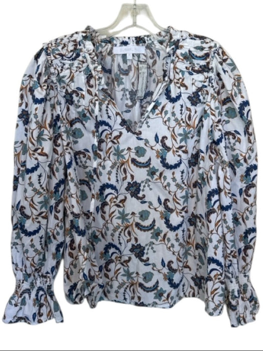 Sugarlips Size M Blue & Orange Cotton Long Balloon Sleeve Botanical V Neck Top Blue & Orange / M