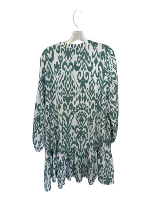 Rachel Zoe Size L White & Teal Long Balloon Sleeve Ikat Drop Waist Buttons Dress White & Teal / L