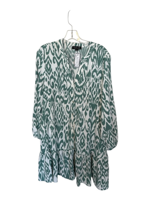 Rachel Zoe Size L White & Teal Long Balloon Sleeve Ikat Drop Waist Buttons Dress White & Teal / L