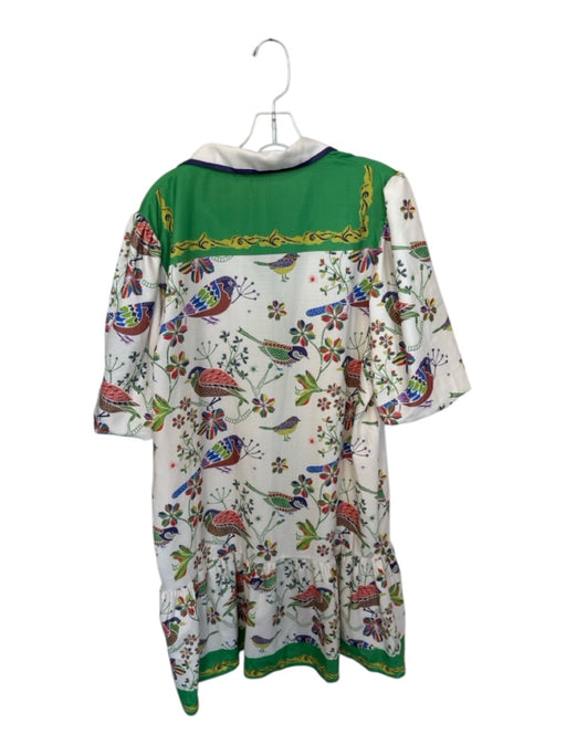 Annick Size L Cream & Green Polyester 3/4 Balloon Sleeve Birds Collar Dress Cream & Green / L