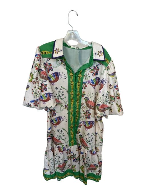 Annick Size L Cream & Green Polyester 3/4 Balloon Sleeve Birds Collar Dress Cream & Green / L