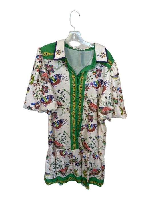 Annick Size L Cream & Green Polyester 3/4 Balloon Sleeve Birds Collar Dress Cream & Green / L