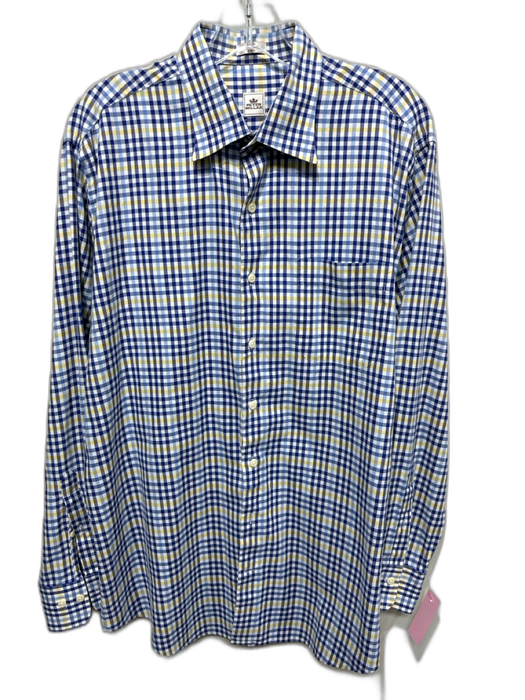 Peter Millar Size L Blue & Yellow Cotton Plaid Oxford Men's Long Sleeve Shirt Blue & Yellow / L