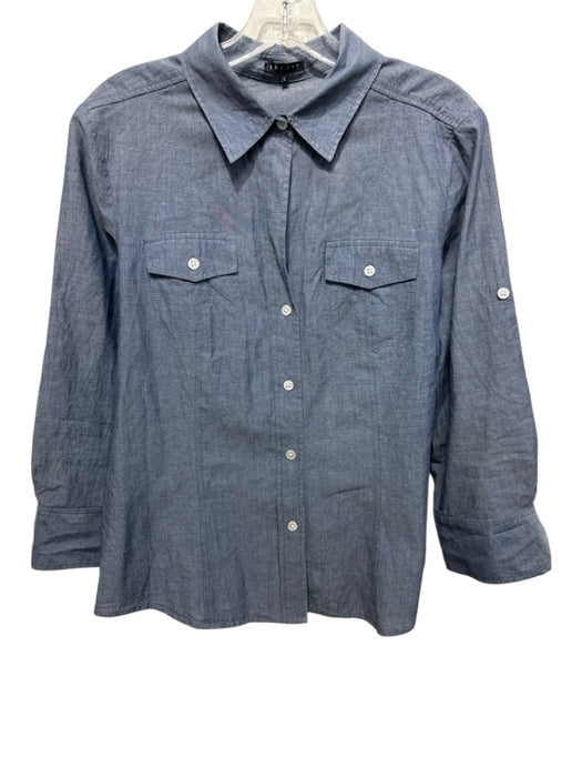 Theory Size L Dusty Blue Cotton Chambray Button Front Breast Pocket Collared Top Dusty Blue / L